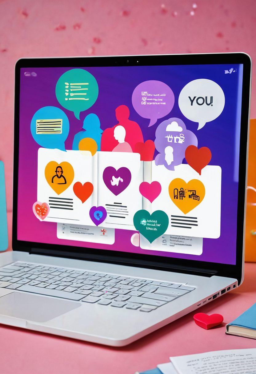An open laptop displaying a web page on sexual health education, surrounded by diverse individuals engaged in discussions, with symbolic icons like hearts, digital chat bubbles, and relationship guides floating around. The setting is cozy, inviting, with a hint of modernity to represent the digital age. Bright and engaging colors to attract attention. super-realistic. vibrant colors. cozy atmosphere.